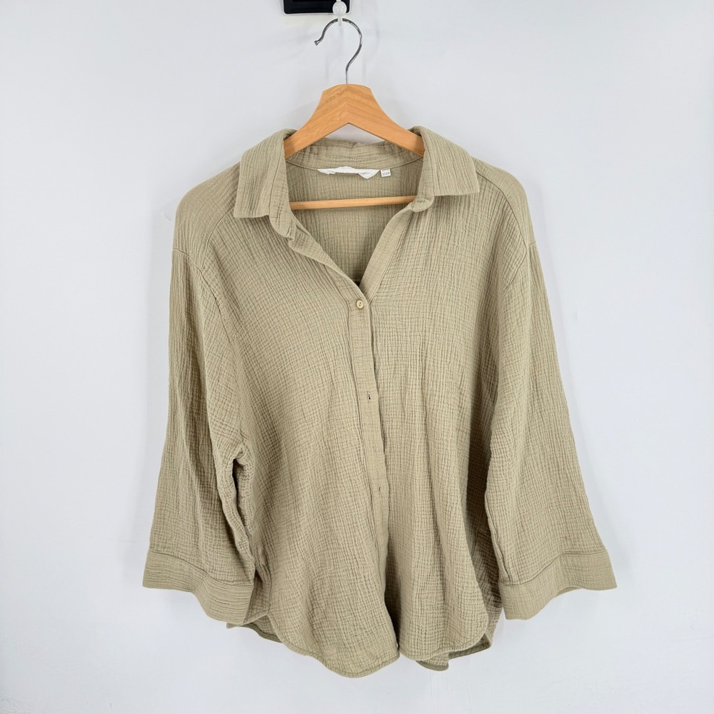 The Handloom Button Up Shirt Sage Green One Size Gauze Cotton Boho Relaxed